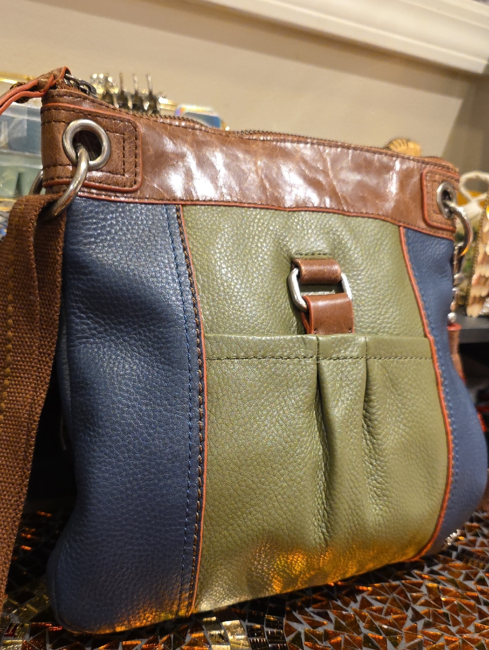 The Sak Olive Green, Navy & Brown Colorblock Shoulder Bag